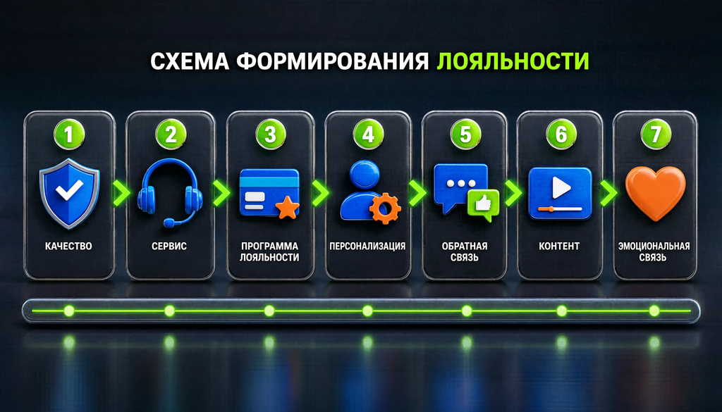 Step-by-step scheme of loyalty formation: quality → service → loyalty program → personalization → feedback → content → emotional connection