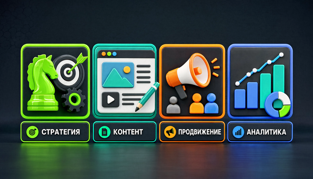 Инфографика структуры SMM-продвижения ВКонтакте: стратегия, контент, продвижение, аналитика