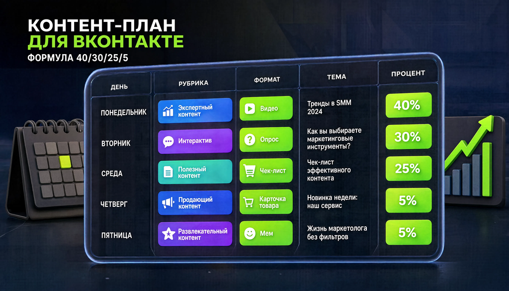 Шаблон контент-плана SMM ВКонтакте по формуле 40/30/25/5 с примерами