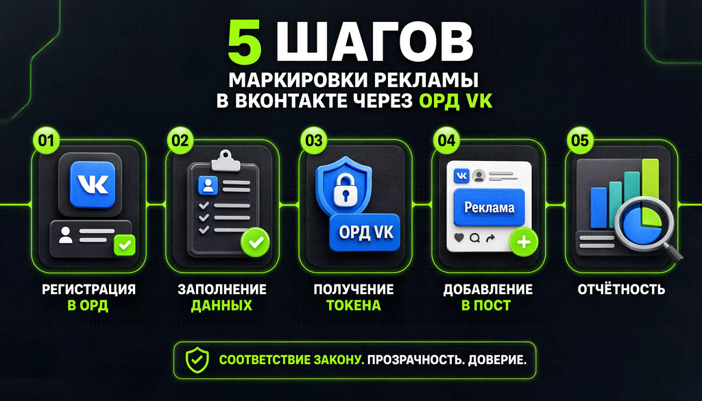 Схема процесса маркировки рекламы в ВКонтакте через ОРД VK: 5 шагов от регистрации до отчётности