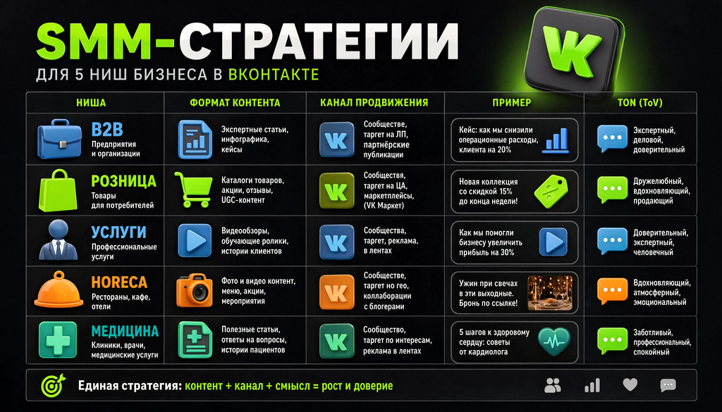 Сравнительная таблица SMM-стратегий для 5 ниш бизнеса во ВКонтакте: B2B, розница, услуги, HoReCa, медицина