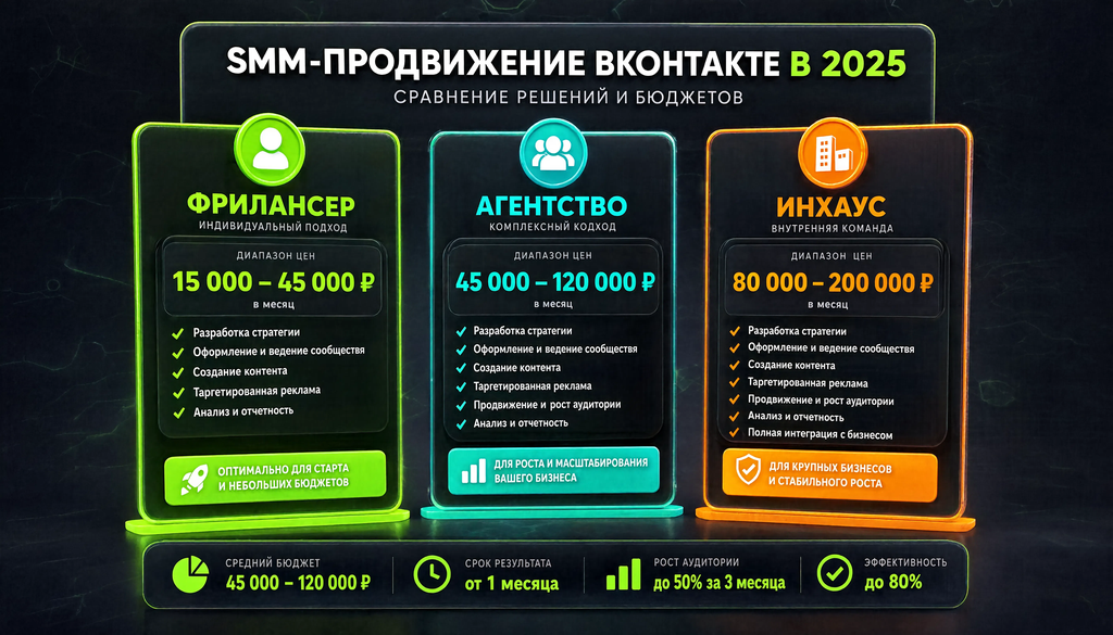 Инфографика стоимости SMM-продвижения ВКонтакте в 2025 году: фрилансер, агентство, инхаус с ценами и услугами