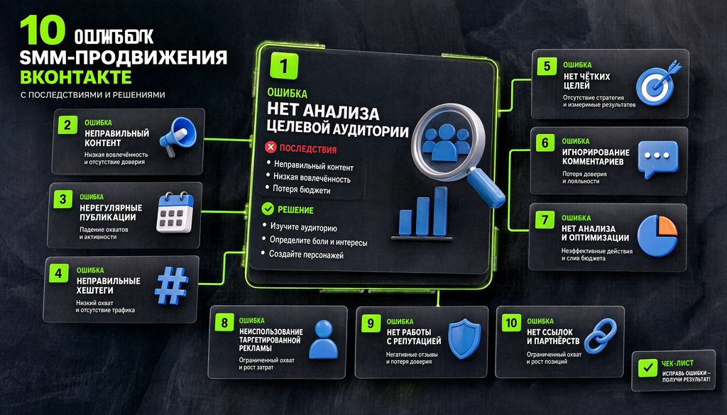 Инфографика: 10 ошибок SMM-продвижения в ВКонтакте с последствиями и решениями, чек-лист для самопроверки