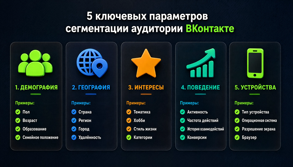 Инфографика с пятью ключевыми параметрами сегментации целевой аудитории ВКонтакте: демография, география, интересы, поведение, устройства, с примерами значений для каждого параметра
