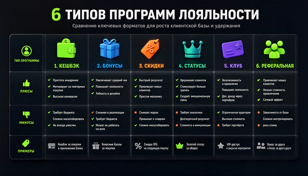 Сравнительная таблица 6 типов программ лояльности: кешбэк, бонусы, скидки, статусы, клуб, реферальная. Плюсы, минусы, примеры для выбора под бизнес.