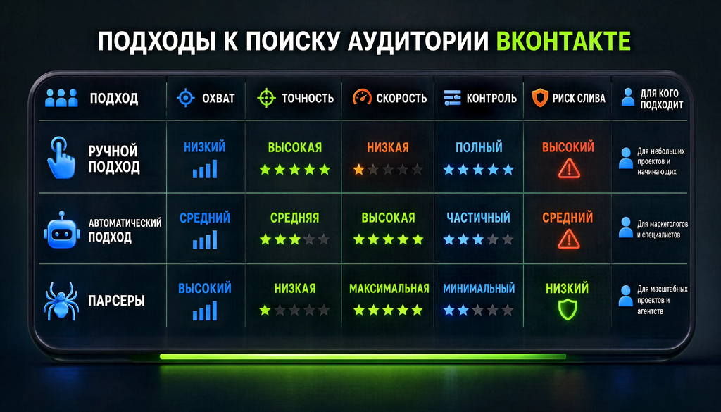 Сравнительная таблица трёх подходов к поиску аудитории ВКонтакте: ручной, автоматический и парсеры. Показаны охват, точность, скорость, контроль, риск слива и для кого подходит.