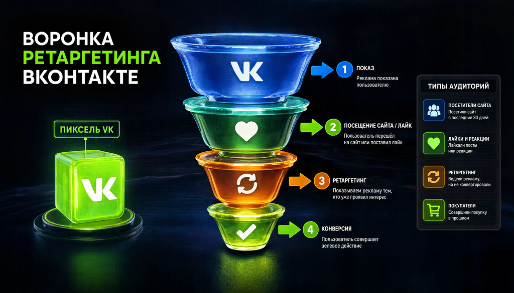 Воронка ретаргетинга ВКонтакте: от первого показа до конверсии с указанием пикселя и типов аудиторий