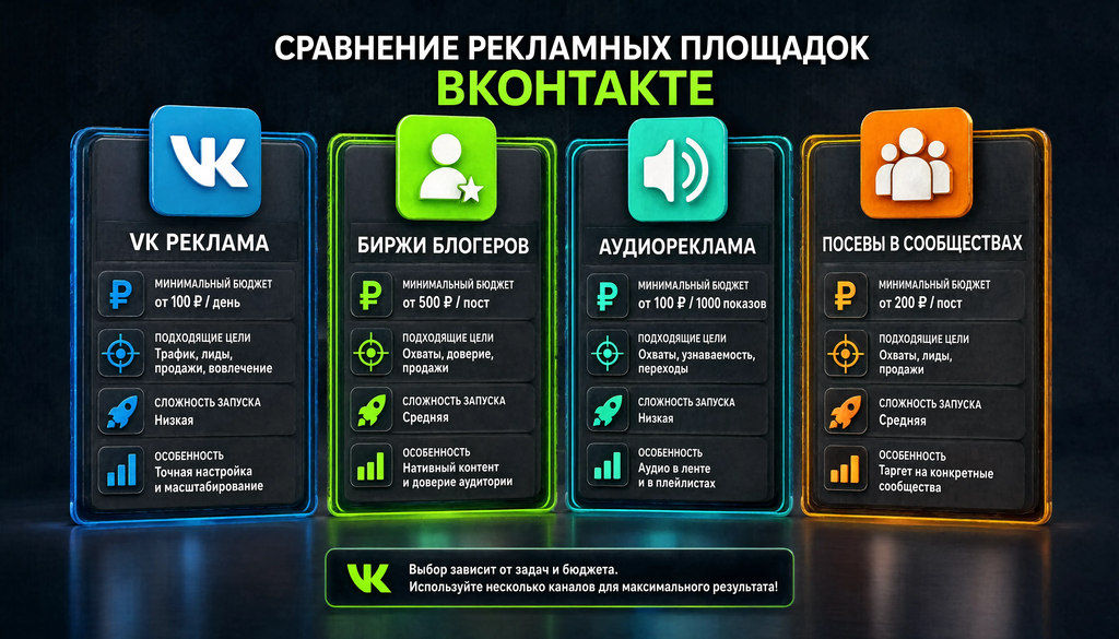 Сравнение рекламных площадок ВКонтакте: VK Реклама, биржи блогеров, аудиореклама, посевы в сообществах по типу рекламы, бюджету, целям и сложности запуска.