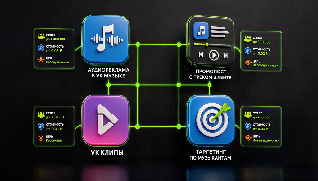 Форматы продвижения музыки в ВКонтакте: аудиореклама, промопост, клипы, таргетинг по музыкантам