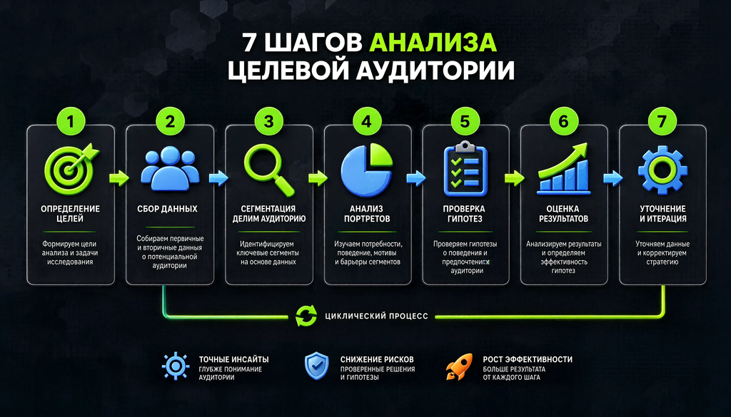 Блок-схема из 7 шагов анализа целевой аудитории с циклическим возвратом от шага 7 к шагу 2, показывающая итеративный процесс тестирования и уточнения данных