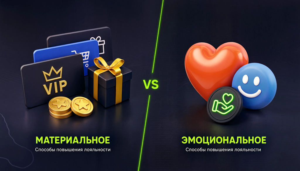 Infographic comparing material and emotional methods to boost customer loyalty, with examples for each category