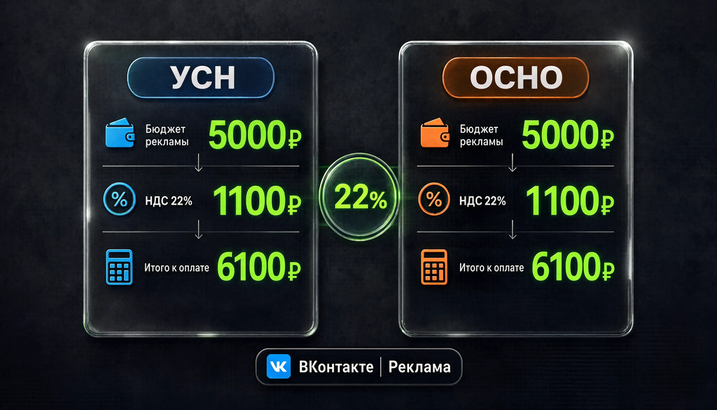 Влияние НДС 22% на бюджет рекламы ВКонтакте для УСН и ОСНО