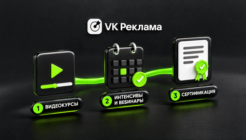 Инфографика путь обучения VK Рекламе: три этапа от видеокурсов и вебинаров до сертификации