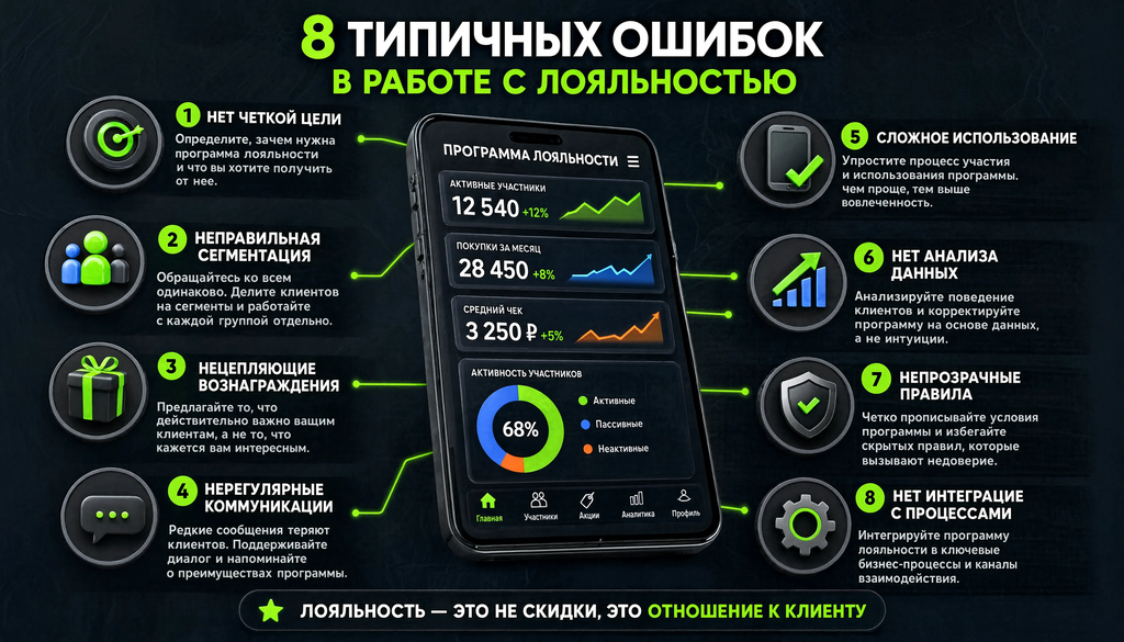 Инфографика: восемь типичных ошибок в работе с лояльностью с иконками и способами исправления