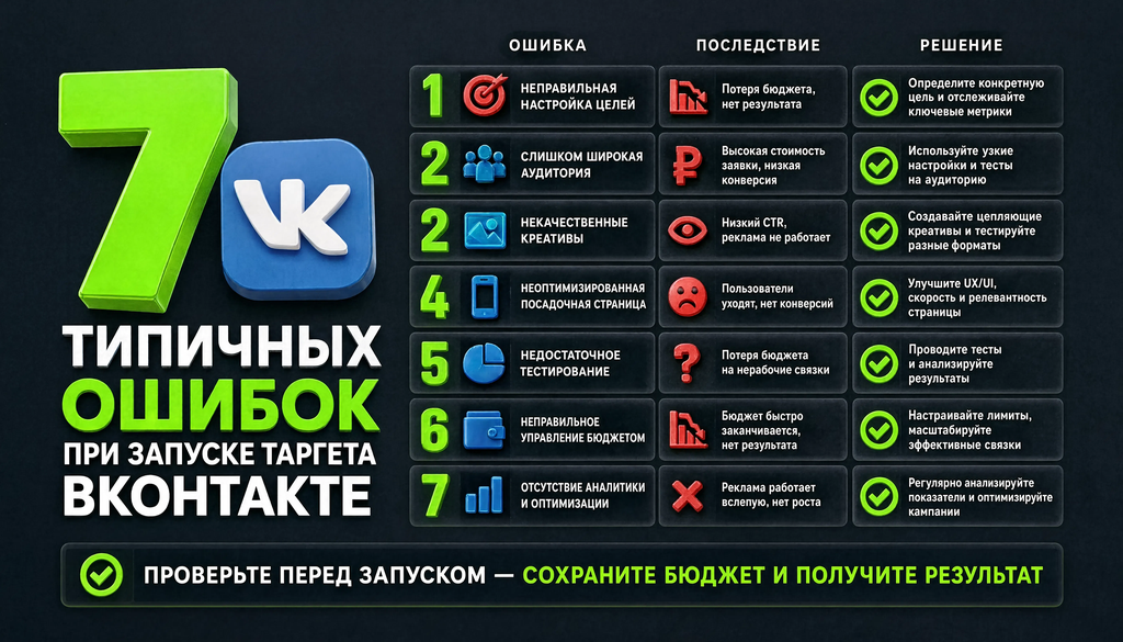 Инфографика: 7 типичных ошибок при запуске таргета ВКонтакте с последствиями и решениями, чек-лист