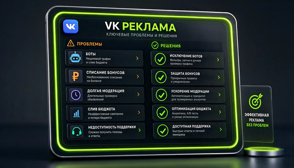 Инфографика с основными проблемами VK Рекламы: боты, списание бонусов, долгая модерация, слив бюджета, недоступность поддержки, а также причины и решения для каждой проблемы