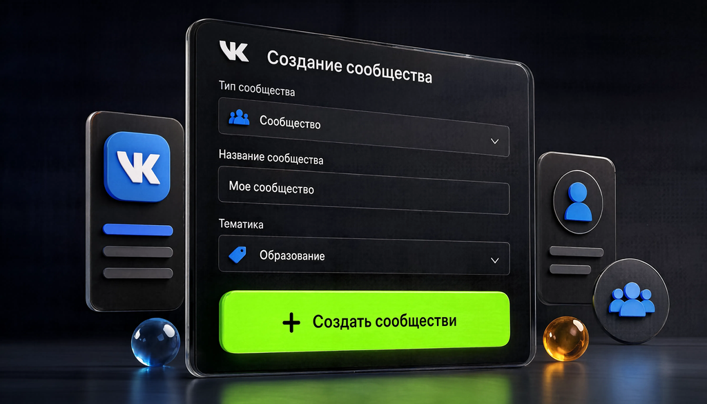 Скриншот окна создания сообщества ВКонтакте: выбор типа, поля названия и тематики. Помогает сориентироваться в интерфейсе перед созданием.