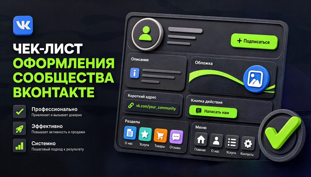 Инфографика: чек-лист оформления сообщества ВК с элементами аватар, обложка, описание, короткий адрес, кнопка действия, разделы и меню, которые должны быть готовы до запуска.