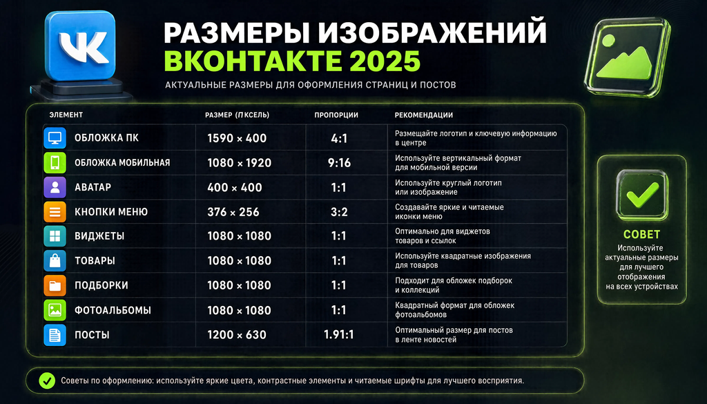 Инфографика с актуальными размерами изображений для ВКонтакте 2025: обложка, аватар, кнопки меню, товары, посты и другие элементы.