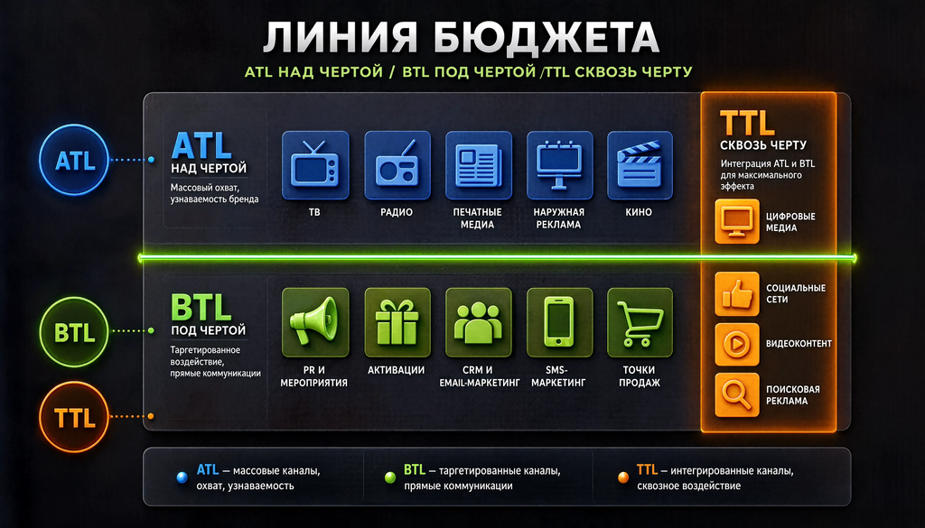 Схема линии бюджета, разделение на ATL (над чертой), BTL (под чертой) и TTL (сквозь черту) с примерами каналов
