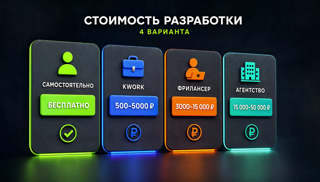 Сравнение стоимости: самостоятельно (бесплатно), Kwork (500–5000 ₽), фрилансер (3000–15 000 ₽), агентство (15 000–50 000 ₽)