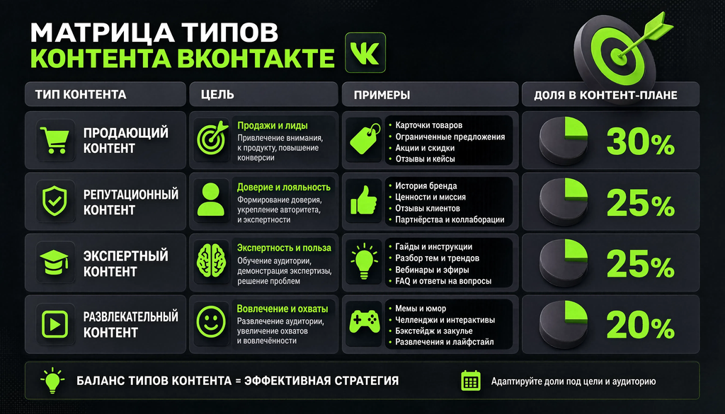 Матрица типов контента ВКонтакте: продающий 30%, репутационный 25%, экспертный 25%, развлекательный 20% &mdash; цель, примеры, доля в контент-плане.