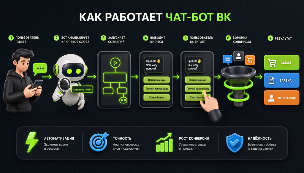 Схема работы чат-бота ВКонтакте: пользователь пишет сообщение, бот анализирует ключевое слово, запускает сценарий с кнопками, пользователь выбирает, воронка приводит к результату (заказ, заявка, консультация)