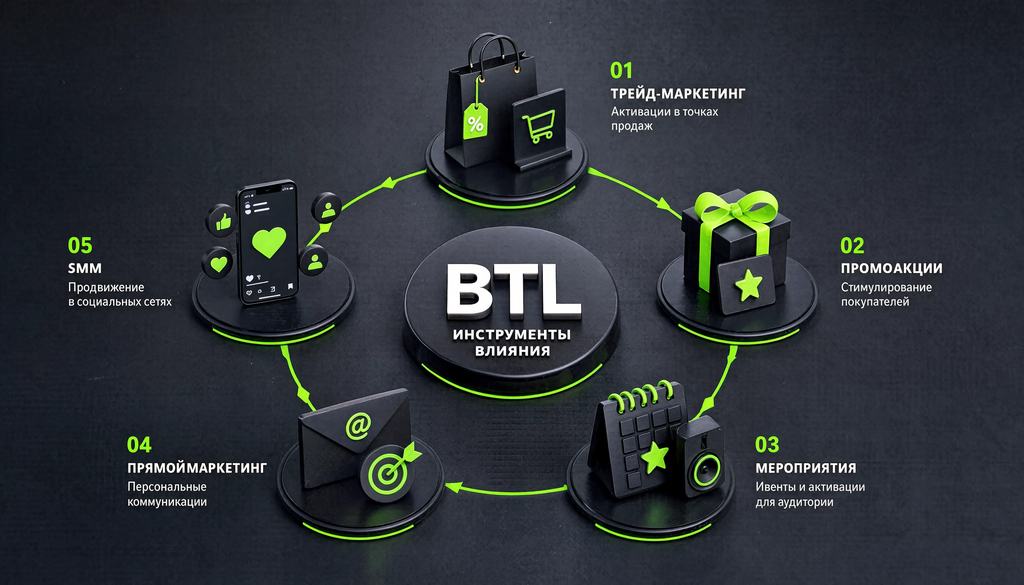 Схема BTL-инструментов: трейд-маркетинг, промоакции, мероприятия, прямой маркетинг, SMM