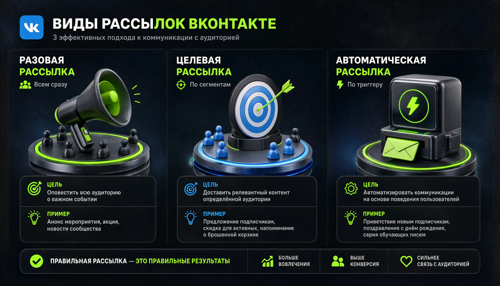 Инфографика видов рассылок ВК: разовая (всем сразу), целевая (по сегментам), автоматическая (по триггеру). Для каждого указаны цель, пример и когда использовать.