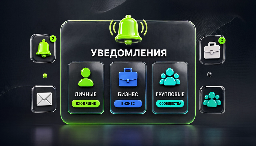 Инфографика структуры уведомлений: личные сообщения во Входящие, бизнес-уведомления в Бизнес, групповые в Сообщества