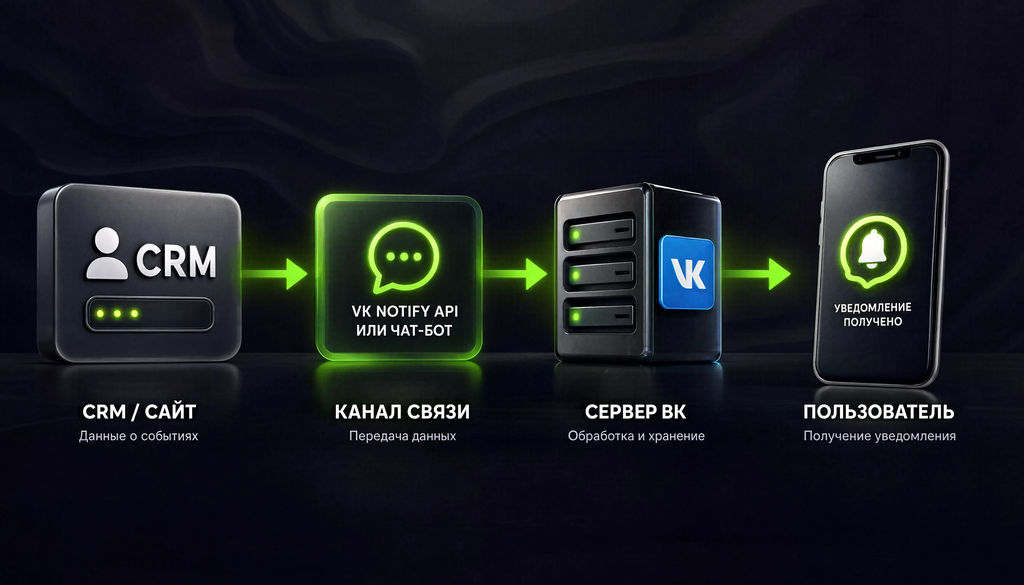 Схема отправки уведомлений от CRM через VK Notify API или чат-бот пользователю ВКонтакте