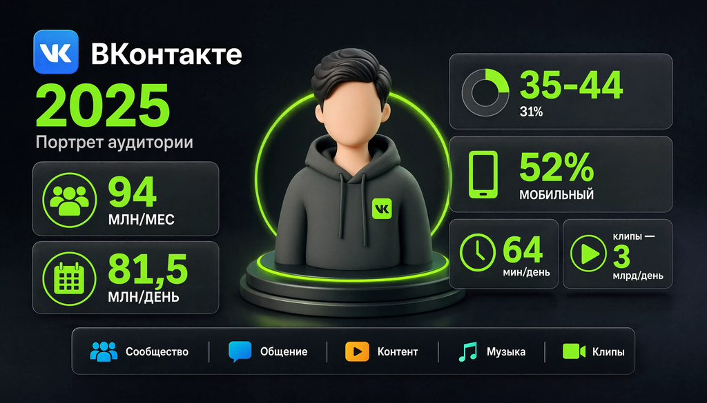 Портрет аудитории ВКонтакте 2025: 94 млн пользователей в месяц, 81,5 млн в день, 31% в возрасте 35-44, 52% с мобильных устройств, 64 минуты в день, 3 млрд просмотров клипов в день