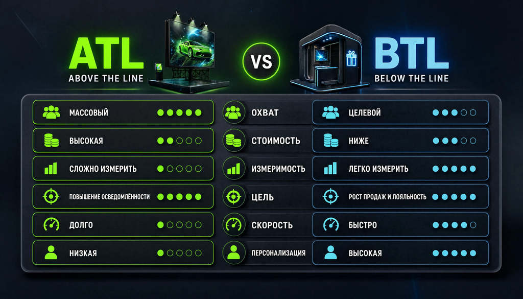 Сравнительная таблица ATL и BTL по 6 критериям: охват, стоимость, измеримость, цель, скорость, персонализация.