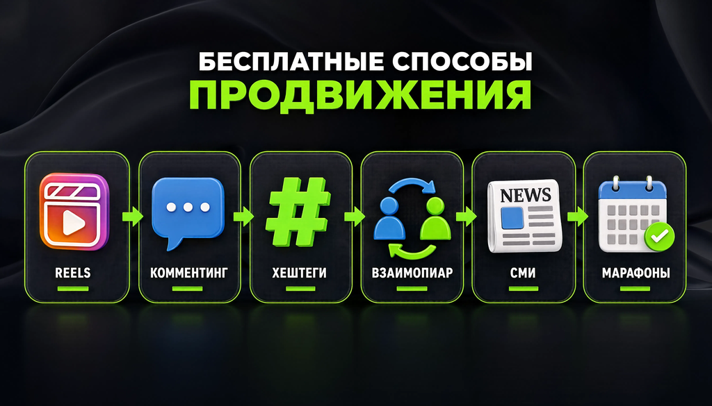 Инфографика: бесплатные способы продвижения в соцсетях - Reels, комментинг, хештеги, взаимопиар, СМИ, марафоны