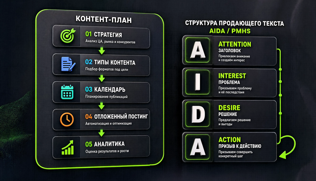 Схема контент-плана и продающих текстов: стратегия, типы контента, календарь, отложенный постинг, аналитика, модель AIDA/PMHS
