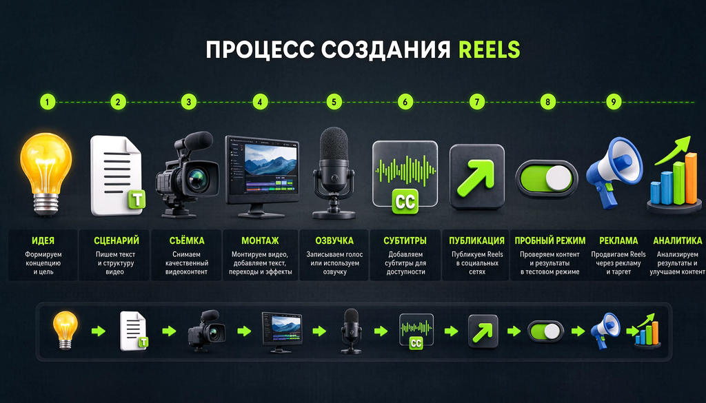 Схема процесса создания Reels: от идеи до аналитики