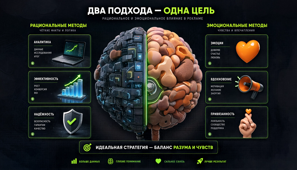 Инфографика: схема рациональных и эмоциональных методов воздействия в рекламе с примерами