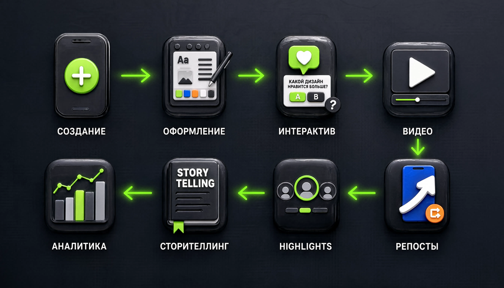 Схема процесса создания сторис: создание, оформление, интерактив, видео, репосты, highlights, сторителлинг, аналитика