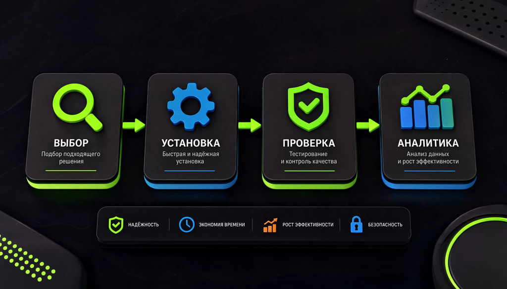 Схема процесса: выбор, установка, проверка, аналитика.