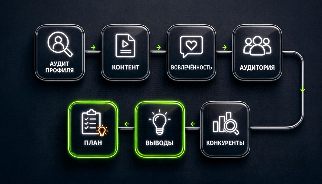 Схема аналитики: аудит профиля, контент, вовлечённость, аудитория, конкуренты, выводы, план