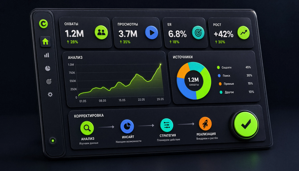 Схема статистики Professional Dashboard: охваты, просмотры, ER, рост, анализ, корректировка