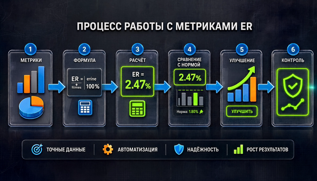 Схема процесса ER: метрики, формула, расчёт, сравнение с нормой, улучшение, контроль