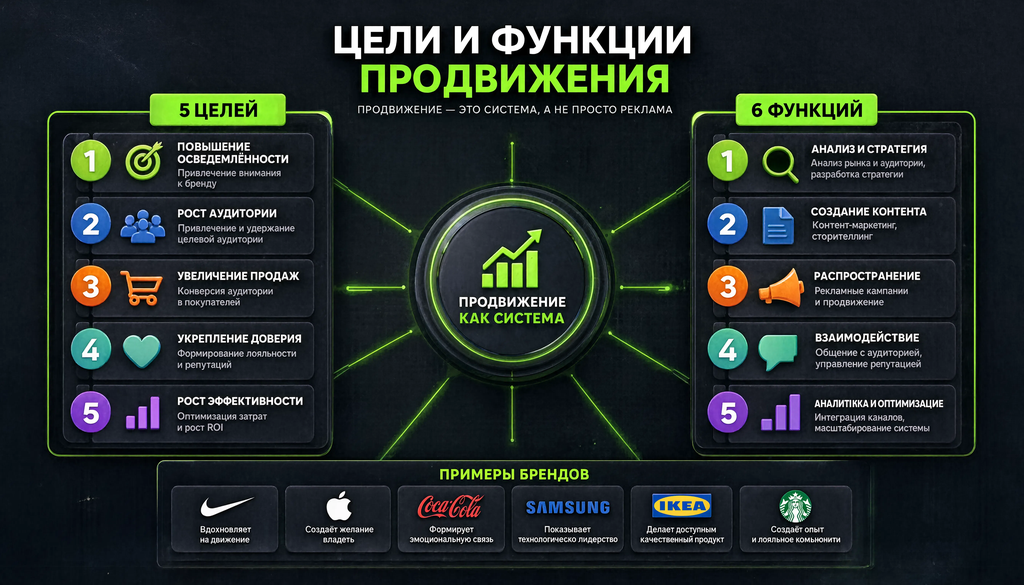 Схема целей и функций продвижения с примерами брендов