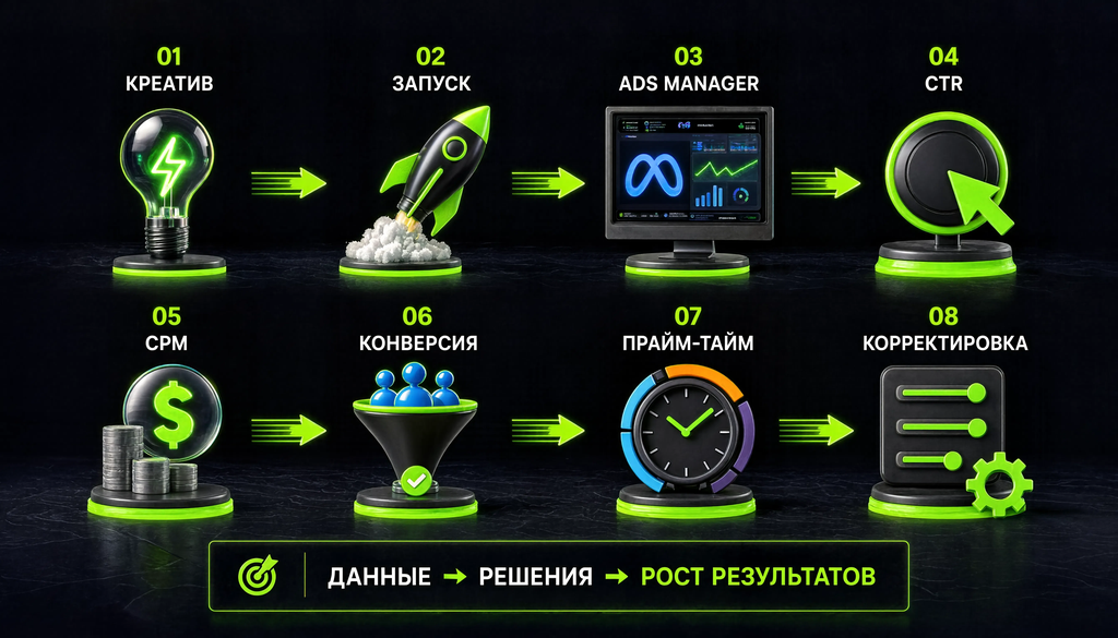 Схема рекламного процесса с этапами от креатива до корректировки