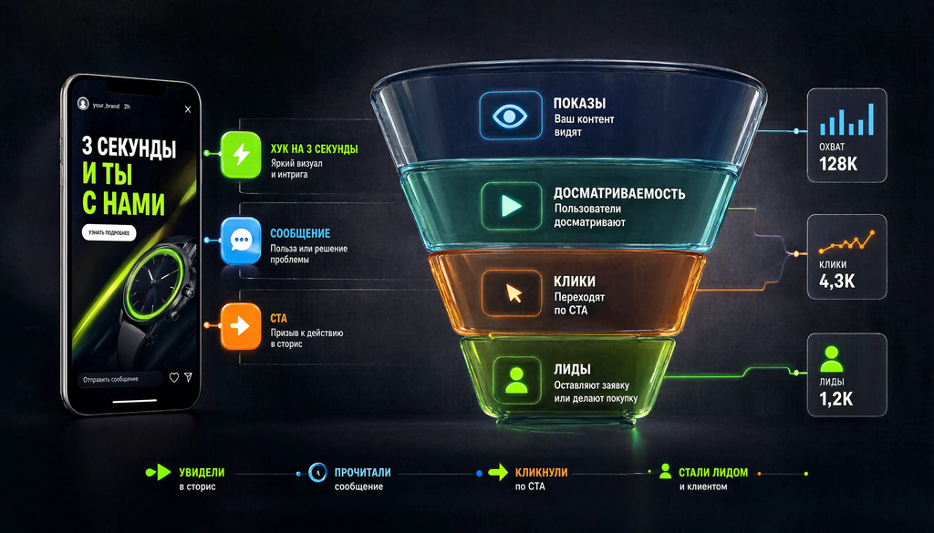 Scheme of story ad funnel showing 9:16 creative with 3-second hook, message, CTA, impressions, watch-through, clicks, and leads