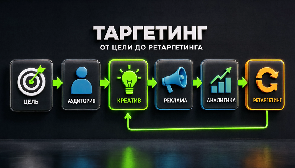 Схема этапов таргетинга: цель, аудитория, бюджет, креатив, плейсменты, запуск, аналитика, оптимизация, ретаргетинг.