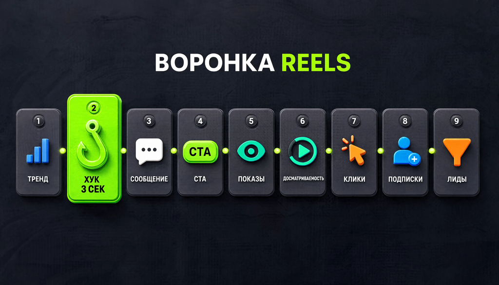 Схема воронки Reels: тренд, хук 3 сек, сообщение, CTA, показы, досматриваемость, клики, подписки, лиды.
