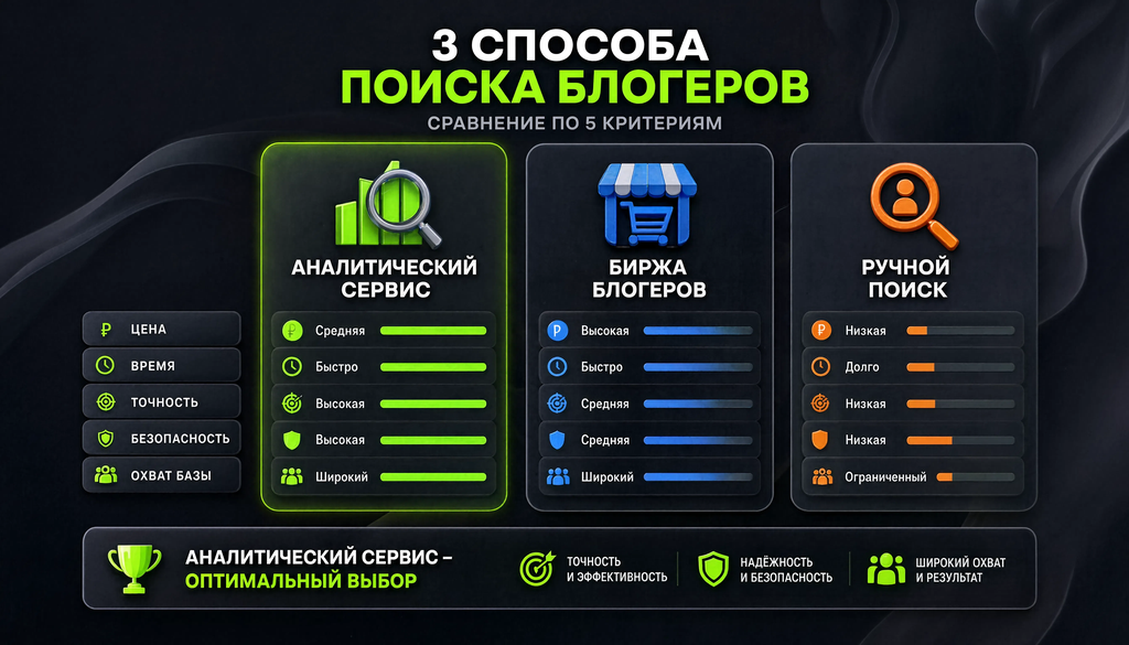 Сравнение трёх подходов к поиску блогеров — аналитический сервис, биржа и ручной поиск — по пяти критериям: цена, время, точность, безопасность и охват базы.