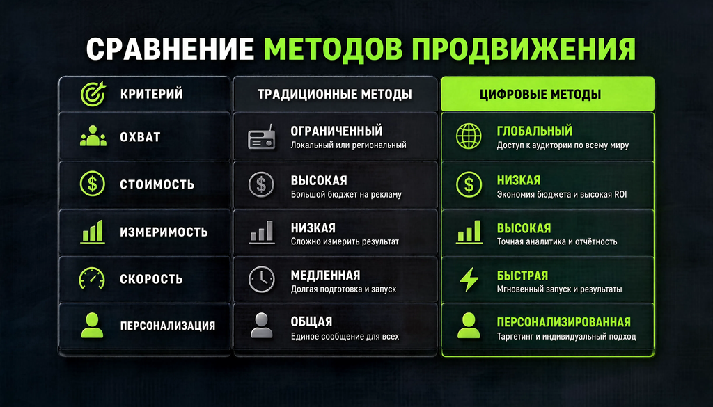 Сравнительная таблица традиционных и цифровых методов продвижения по пяти критериям: охват, стоимость, измеримость, скорость, персонализация.