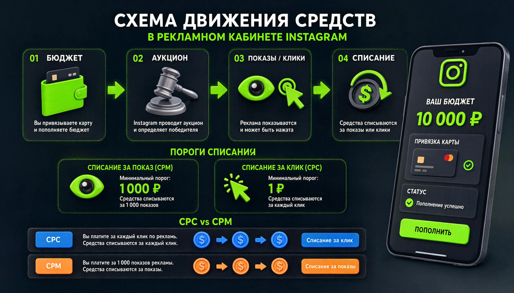 Схема движения средств в рекламном кабинете Instagram: от бюджета к списанию за показы и клики, с порогами списания и разницей CPC и CPM.